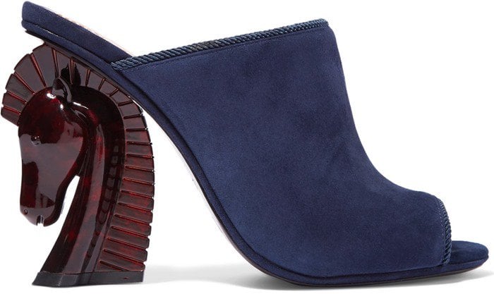 These tortoiseshell horse heel mules are made from smooth navy suede and outlined with lustrous corded trims