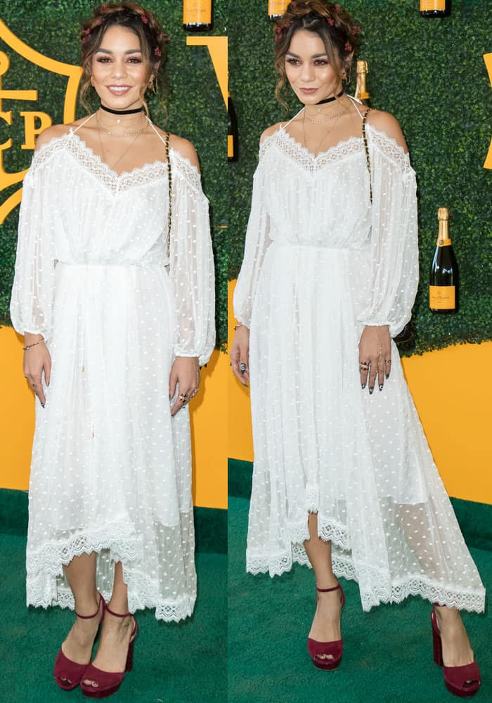 Vanessa Hudgens chose to wear the elegant "Realm" dress by Zimmermann, a sheer off-shoulder design with delicate scalloped details at the 7th annual Veuve Clicquot Polo Classic
