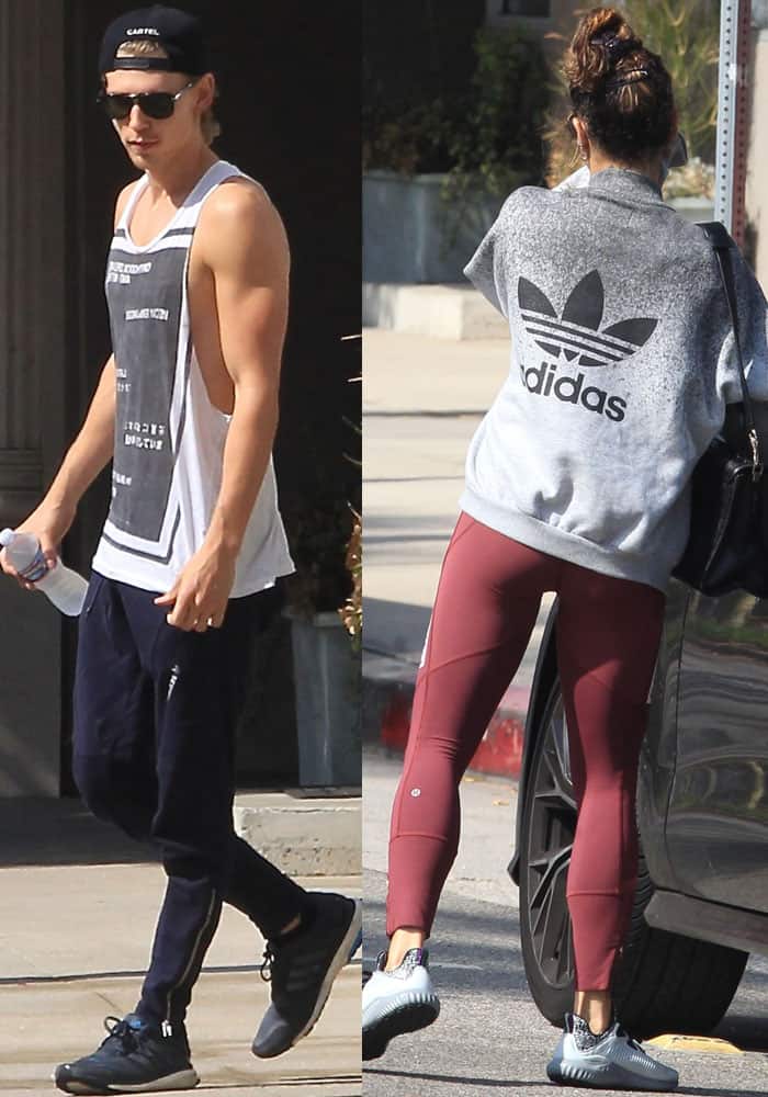 Vanessa Hudgens and Austin Butler fend off cameras as they leave their morning workout