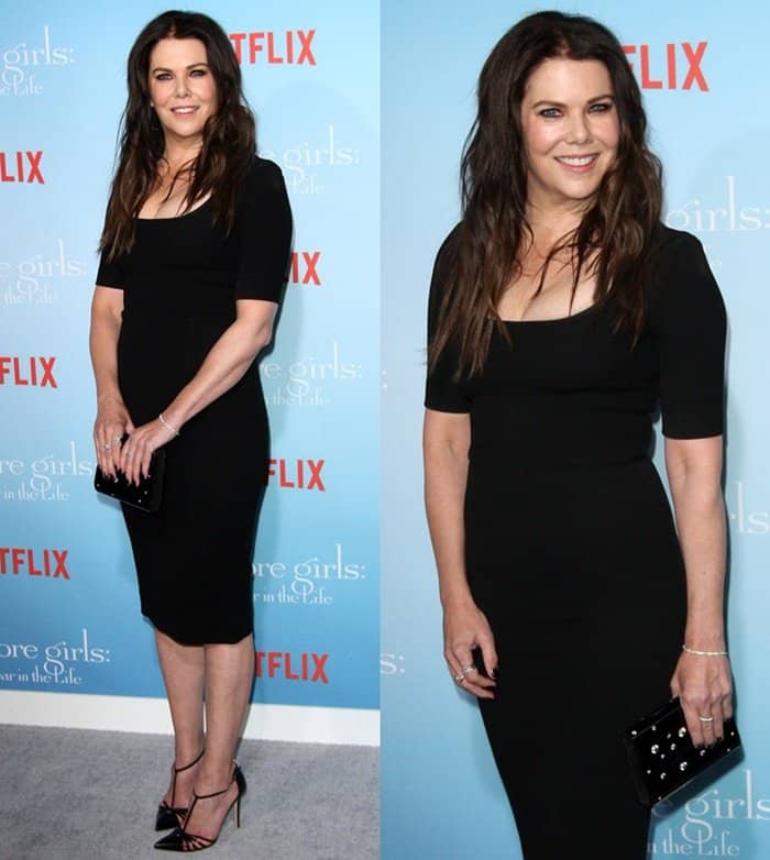 Lauren Graham looked effortlessly chic in a form-fitting black cocktail dress styled with sleek stiletto heels and a studded clutch for an elegant finish