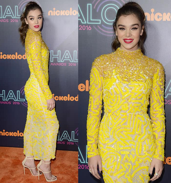 hailee-steinfeld-j-mendel-sheer-yellow-sequined-beaded-dress