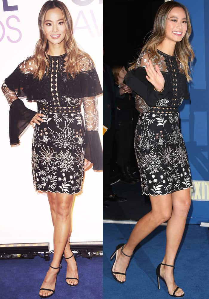 Jamie Chung flaunts her legs in a black ruffle and silver Iorane lace Joy dress