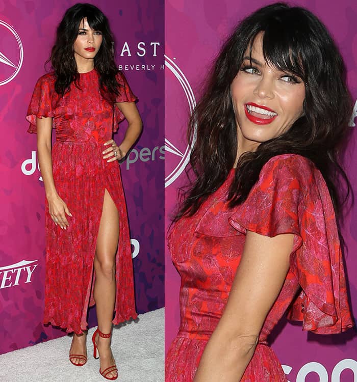 Jenna Dewan-Tatum turns heads in a bold red Prabal Gurung dress with a thigh-high slit paired with matching red Tamara Mellon sandals