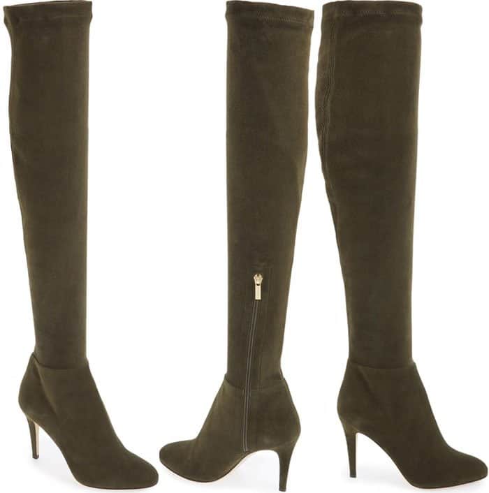 Sky-high and sleek, these army green over-the-knee boots are a sophisticated yet alluring accompaniment to day-to-night ensembles