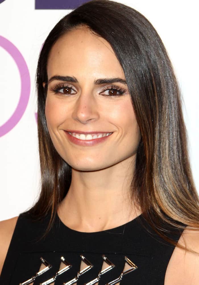 Jordana Brewster complements her sleek, straight hair with neutral-toned makeup, featuring subtle eye shimmer and a soft, nude lip