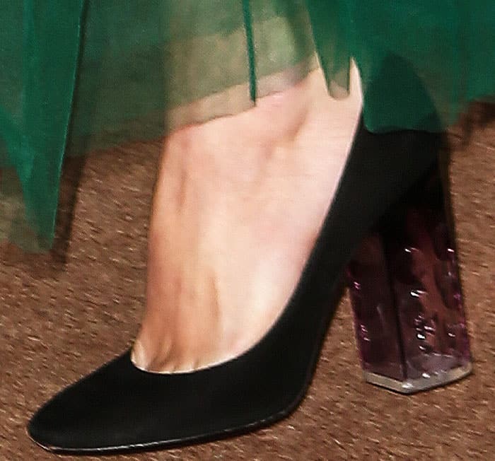 Keira Knightley pairs her elegant dress with Nicholas Kirkwood 'Carnaby' pumps, featuring a striking lucite heel, at the Harper's Bazaar Women of the Year Awards