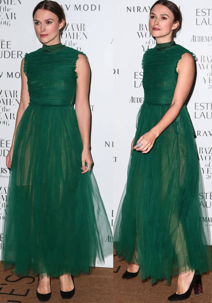 Keira Knightley exudes elegance in a flowing green Rochas chiffon dress paired with Nicholas Kirkwood 'Carnaby' pumps