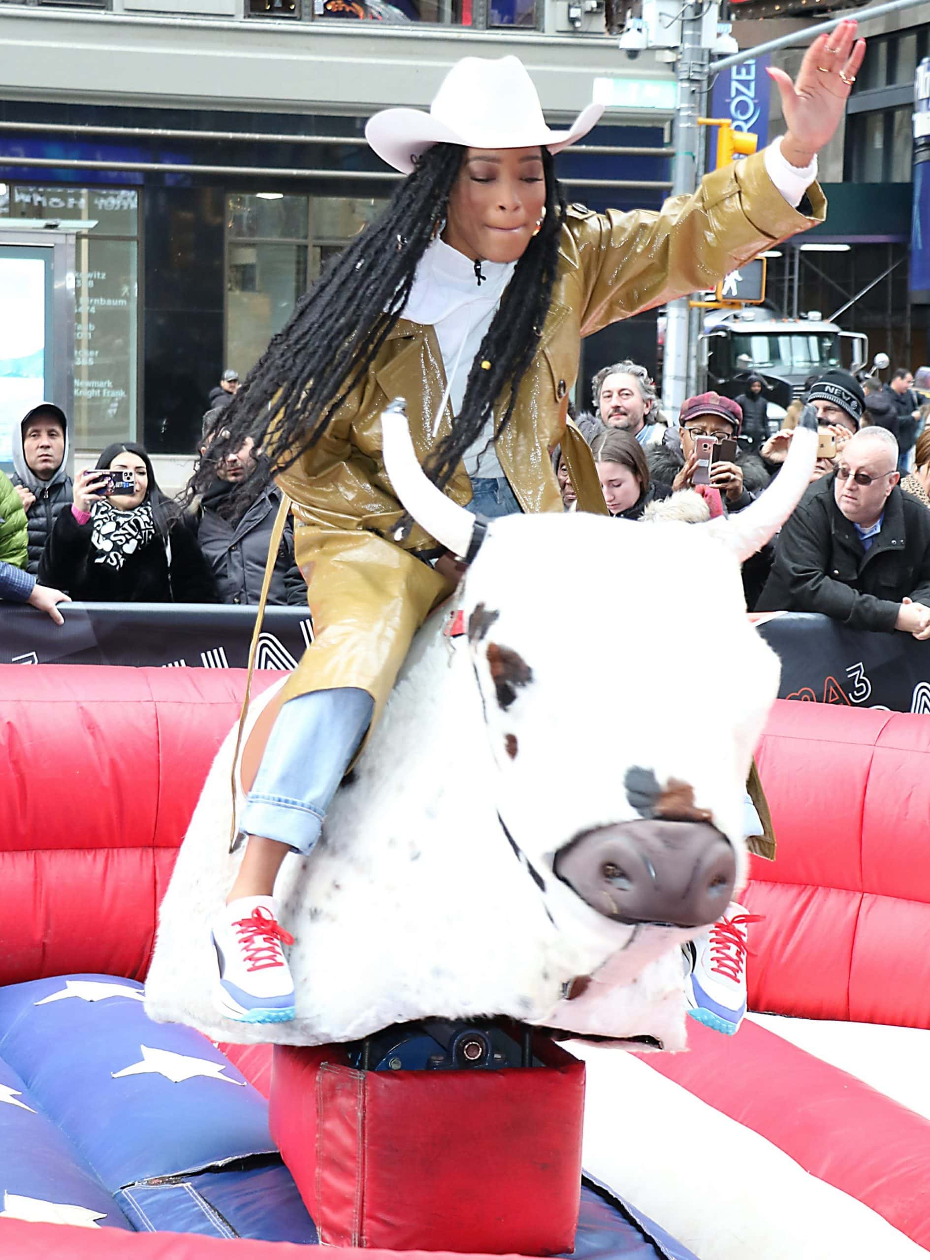 Keke Palmer rocks a western chic look as she rides a mechanical bull for Good Morning America