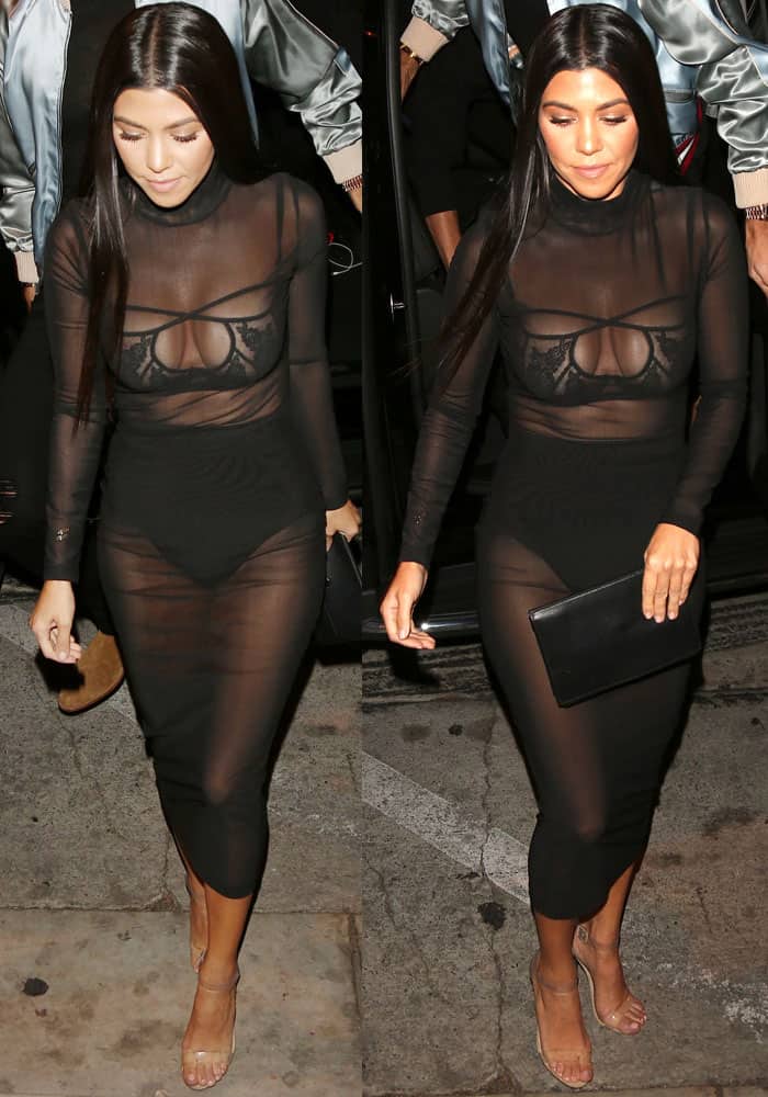 Kourtney shows off her underwear in a Jessica Rich Kourt mesh dress