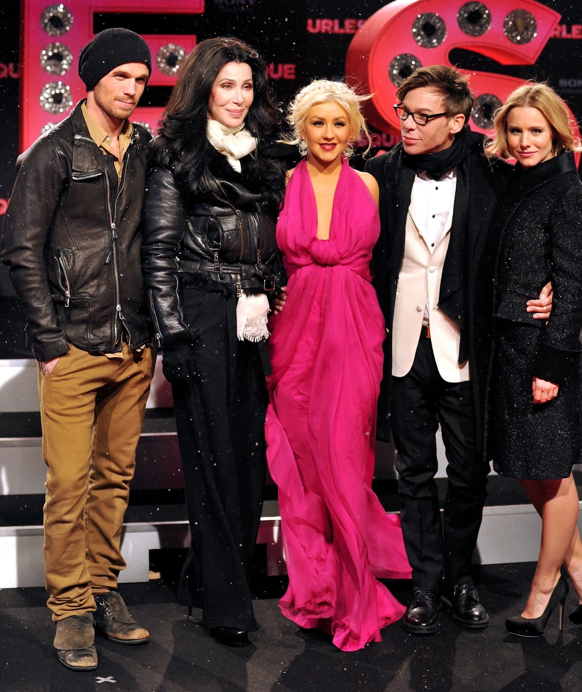 Actor Cam Gigandet, actress Cher, actress Christina Aguilera, director Steven Antin and actress Kristen Bell attend the 'Burlesque' Germany premiere