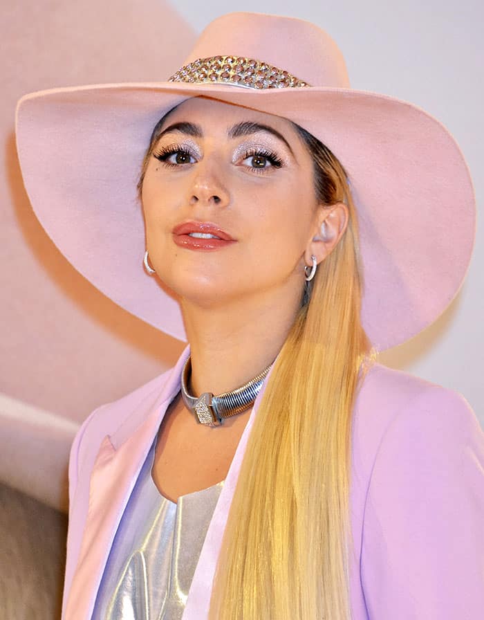 Lady Gaga rocks a pink hat with a silver studded band