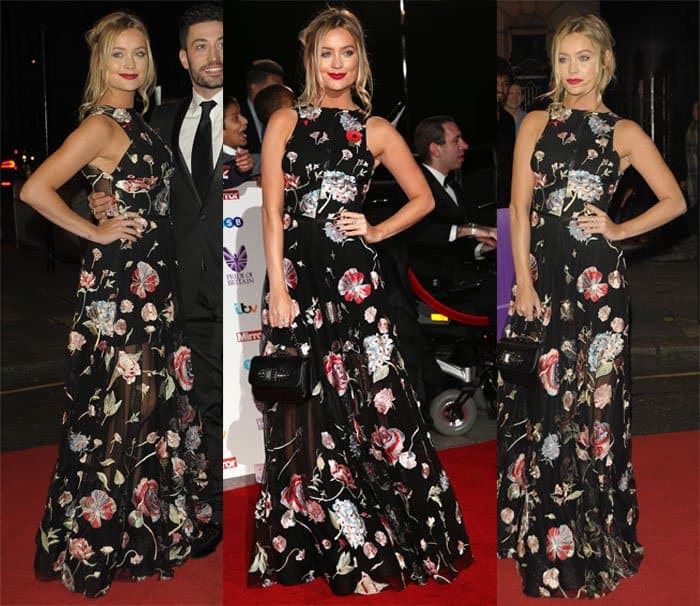 Laura Whitmore gracefully donned a sleeveless Sandra Mansour sheer floral floor-length dress, smartly layered over a black mini dress for modesty at the Pride of Britain Awards