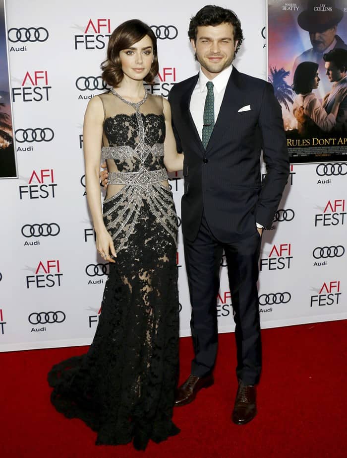 Lily Collins with Alden Ehrenreich at AFI FEST 2016 Presented By Audi - Opening Night - Premiere Of 20th Century Fox's "Rules Don't Apply"