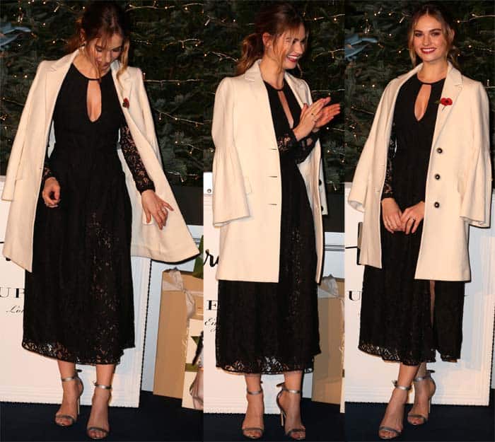 Lily James showcases different poses in a chic black lace dress, beige trench coat, and metallic ankle-strap sandals