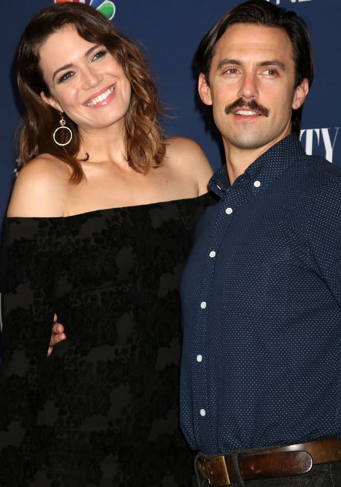 Mandy Moore poses with her "This Is Us" co-star and onscreen partner, Milo Ventimiglia
