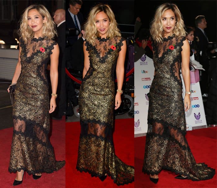 Myleene Klass gracefully wore a metallic lace maxi dress at the Pride of Britain Awards
