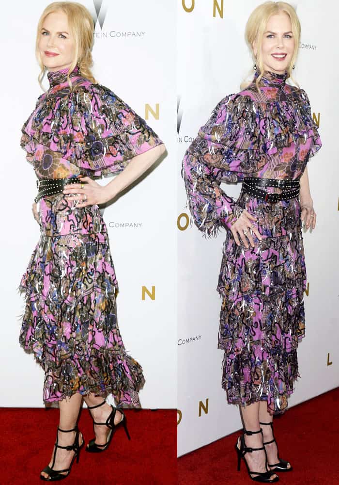 Nicole Kidman wore a printed chiffon dress with elegant ruffle layers designed by Rodarte at the New York premiere of "Lion"