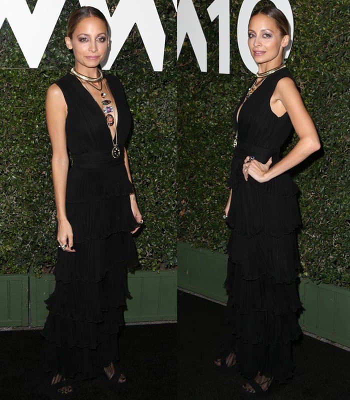 Nicole Richie stuns in a ruffled black maxi dress with a plunging neckline, layered necklaces, and sleek styling at Who What Wear's 10th Anniversary