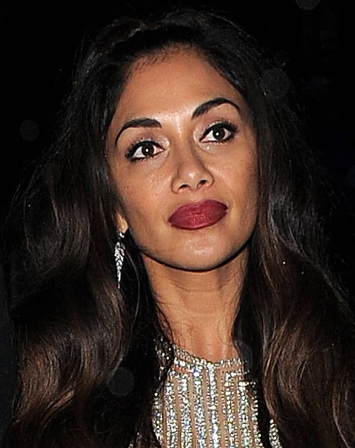 Nicole Scherzinger's long, dark locks in a half-up, half-down style