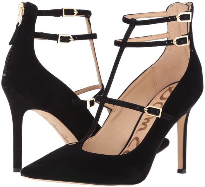 Slim straps create the elegant, cage-like profile of a stunning pointy-toe suede pump