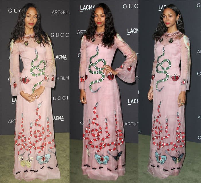Zoe Saldaña wore a pale pink chiffon dress adorned with intricate motifs of a snake, dragonfly, butterfly, and ladybug at the 2016 LACMA Art + Film Gala