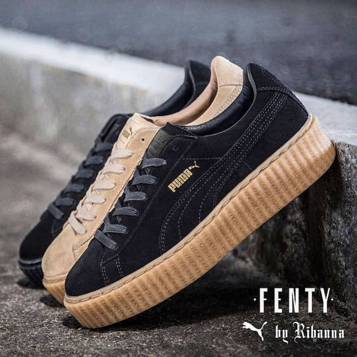 The Fenty Puma Creepers, designed by Rihanna, feature a bold platform sole and sleek suede design, available in various color combinations