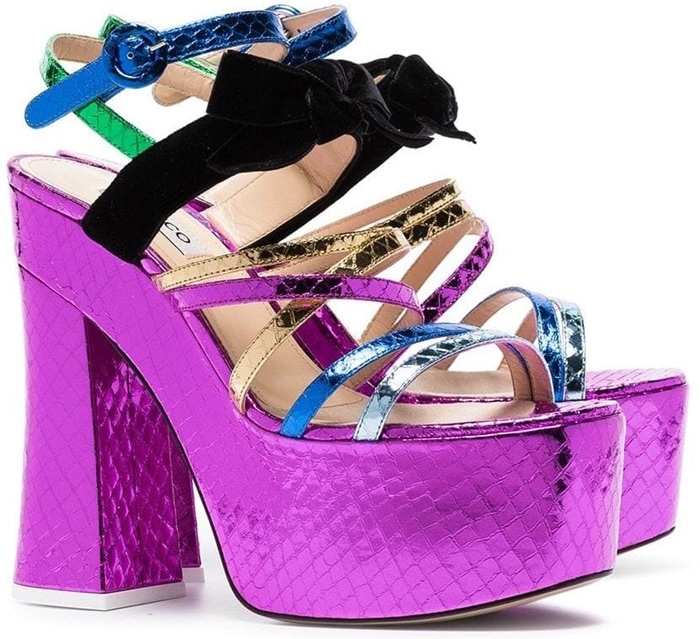 These multicoloured embossed leather and velvet Bibbi Greta sandals from Attico feature a chunky high heel, a platform sole, an ankle strap with a side buckle fastening, an open toe and multiple front straps