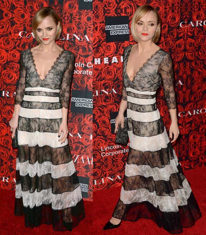 Christina Ricci captivates in a delicate lace gown with a plunging neckline from Carolina Herrera’s Spring 2017 collection