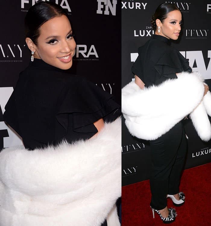 dascha-polanco-black-jumpsuit-white-fur-stole