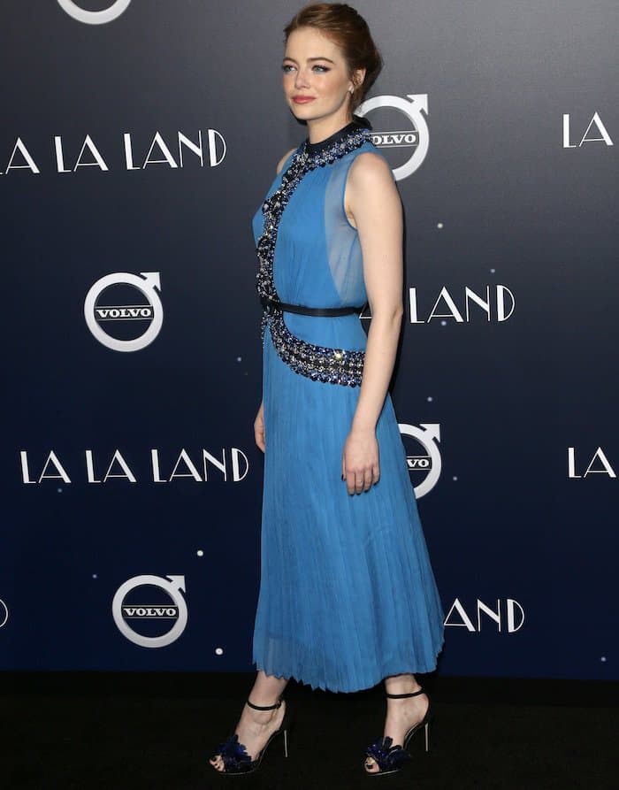 Emma Stone in a Prada dress for the premiere of "La La Land" at the Village Theatre in Hollywood, Los Angeles, on December 6, 2016