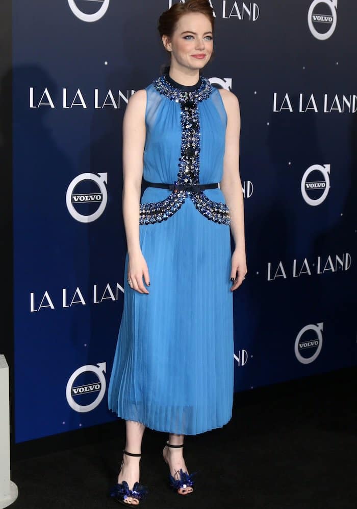 Emma Stone in a Prada dress for the premiere of "La La Land" at the Village Theatre in Hollywood, Los Angeles, on December 6, 2016