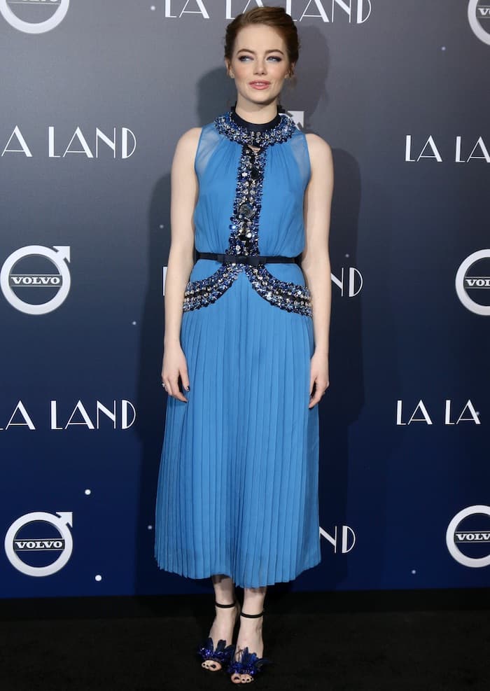Emma Stone in a Prada dress for the premiere of "La La Land" at the Village Theatre in Hollywood, Los Angeles, on December 6, 2016