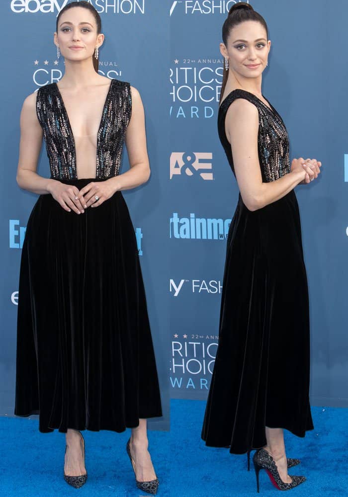 Emmy Rossum shines at the Critics' Choice Awards in a Giorgio Armani velvet and sequin dress