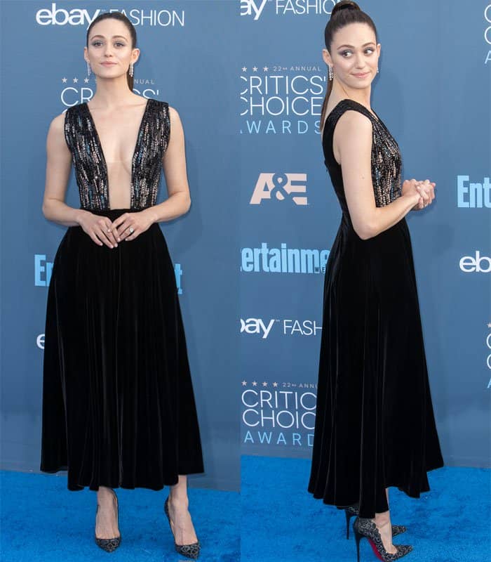 Emmy Rossum exudes classic glamour at the Critics' Choice Awards in a black velvet Giorgio Armani gown with shimmering sequin detailing, adding a modern twist to her timeless look