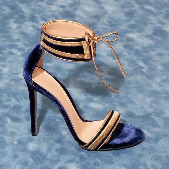 Augusta sandals in blue velvet with striking gold trims and ankle tie