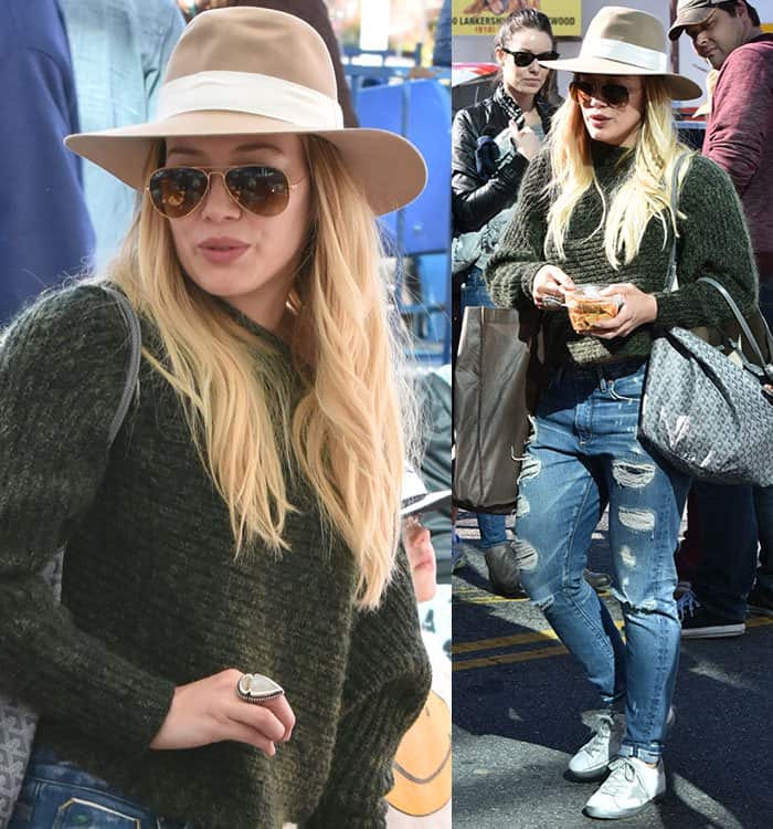 hilary-duff-green-knit-sweater-ripped-jeans