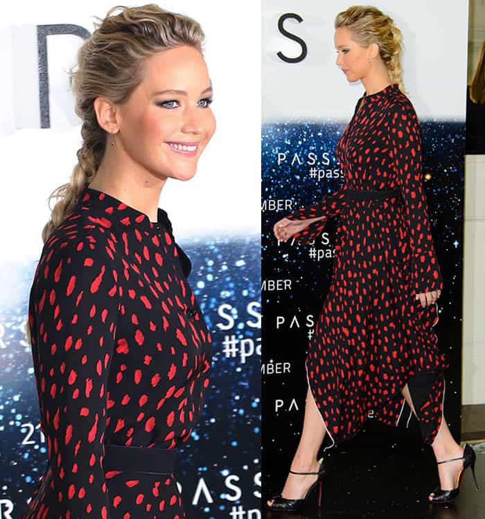 Jennifer Lawrence in a Proenza Schouler dress featuring a black suede waistband