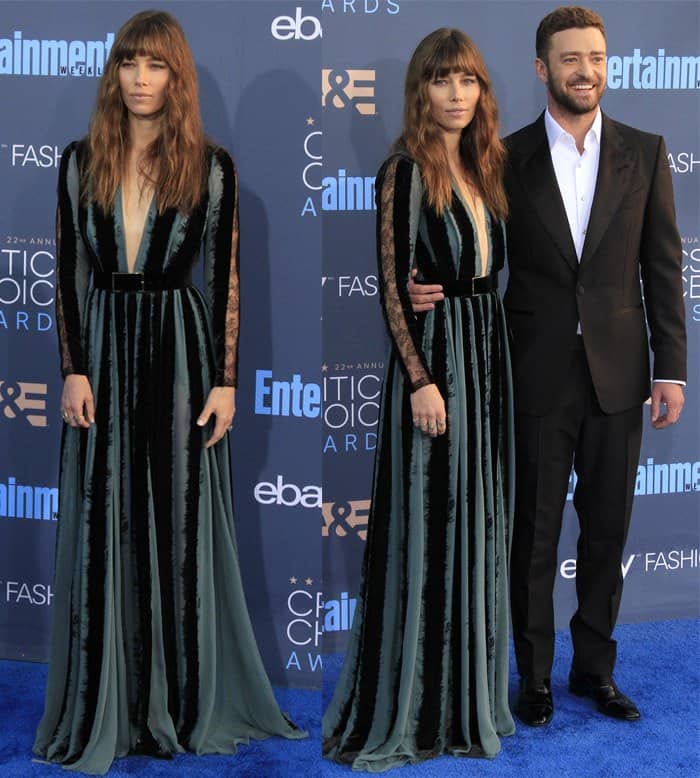 Jessica Biel makes a statement at the Critics' Choice Awards in a velvet Elie Saab gown with lace sleeves and deep plunging neckline, accompanied by her husband, Justin Timberlake