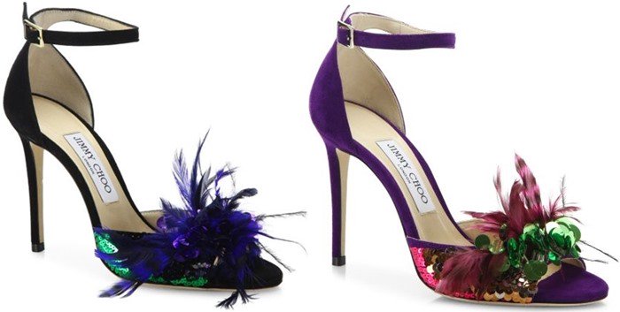 Jimmy Choo 'Annie' Sequin & Feather-Embellished Suede Ankle-Strap Sandals