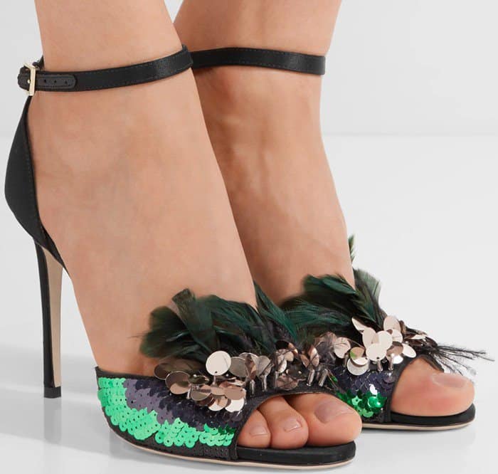  Jimmy Choo Annie sequin and feather-embellished satin sandals