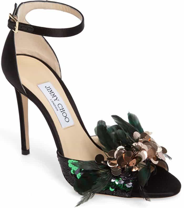 Jimmy Choo 'Annie' Sequin & Feather-Embellished Suede Ankle-Strap Sandals