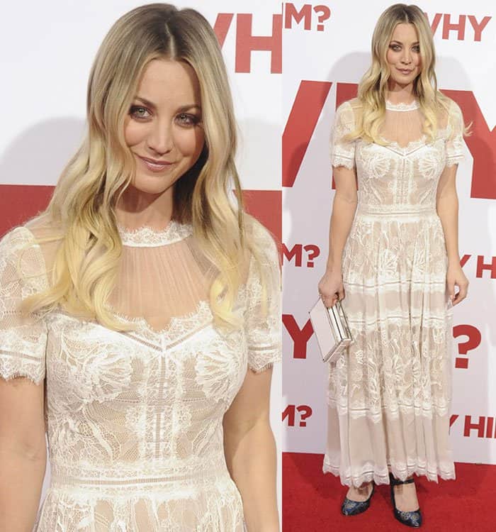 Kaley Cuoco in a floral lace crinkled chiffon dress from Tadashi Shoji's Spring 2017 collection