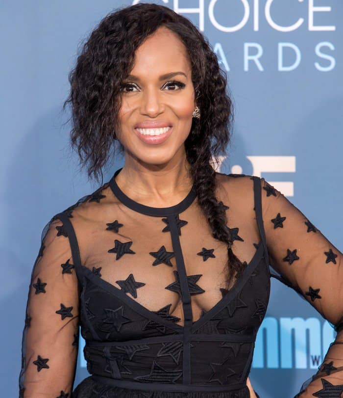 Kerry Washington radiates confidence with a bright smile, showcasing her stunning star-embroidered Elie Saab dress at the 22nd Critics' Choice Awards