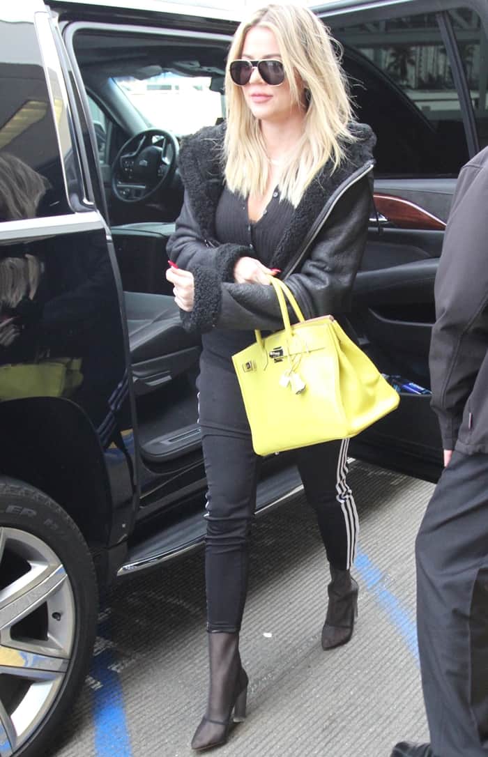 Khloe Kardashian's black lambskin cropped jacket from Kanye West