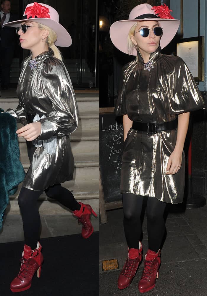 Lady Gaga turns heads in London, pairing a metallic Ellery mini dress with bold red Rebecca Björnsdotter "Tove" boots, accessorized with a wide pink hat adorned with a red flower