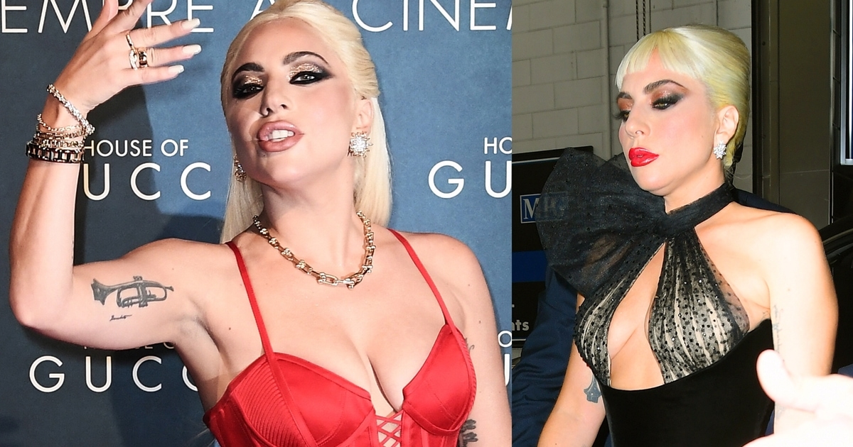 Lady Gaga flaunted her boobs in a custom black Armani Prive evening dress a...
