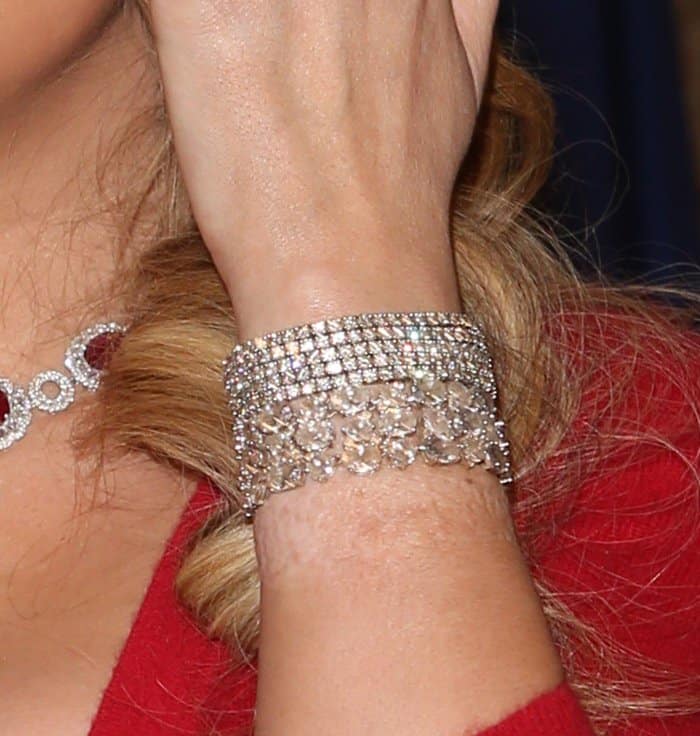 Mariah Carey adds sparkle to her look with a pair of dazzling diamond bracelets