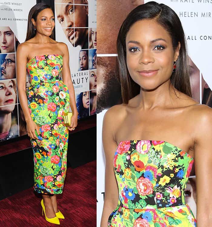 Naomie Harris styled her Rosie Assoulin dress with an Amanda Pearl clutch