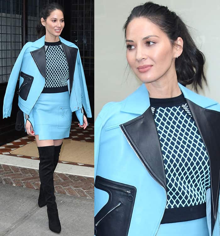 Olivia Munn steps out in a chic blue leather ensemble paired with thigh-high suede boots in New York City