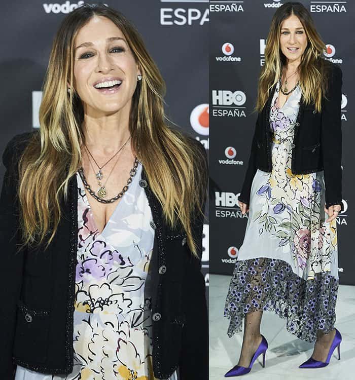 Sarah Jessica Parker beams with a radiant smile and relaxed confidence at the HBO Spain photocall